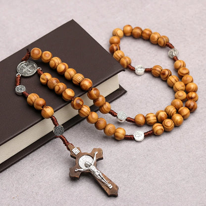 Rosario de cuentas de madera de 10MM, collar cruzado para mujeres y hombres, cadena con colgante cristiano de la Virgen María INRI, joyería religiosa de moda