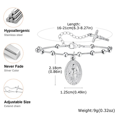 Vnox-pulsera de Rosario para mujer y niña, brazalete de oración de la Virgen María, Cruz religiosa de acero inoxidable chapada en oro, regalos