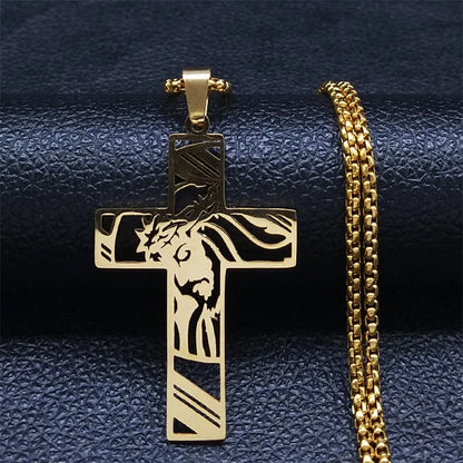 Amuleto cristiano Vintage de acero inoxidable, corona de espinas, collar con cruz de Jesús, collares con colgante de crucifijo para hombres, joyería católica