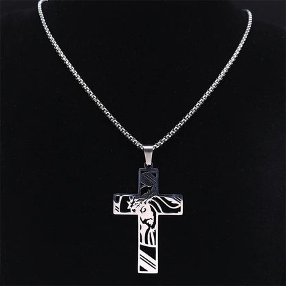 Amuleto cristiano Vintage de acero inoxidable, corona de espinas, collar con cruz de Jesús, collares con colgante de crucifijo para hombres, joyería católica