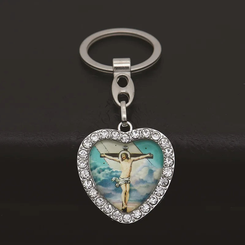 Llavero de corazón Jesús nuestra señora Saint para mujeres y hombres, soporte de llave de coche de diamantes de imitación, joyería católica, regalo de oración Cristiano