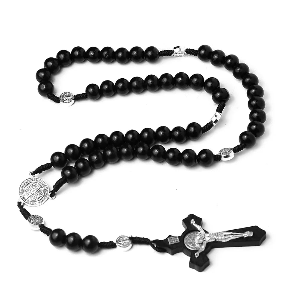 Rosario de cuentas de madera de 10MM, collar cruzado para mujeres y hombres, cadena con colgante cristiano de la Virgen María INRI, joyería religiosa de moda