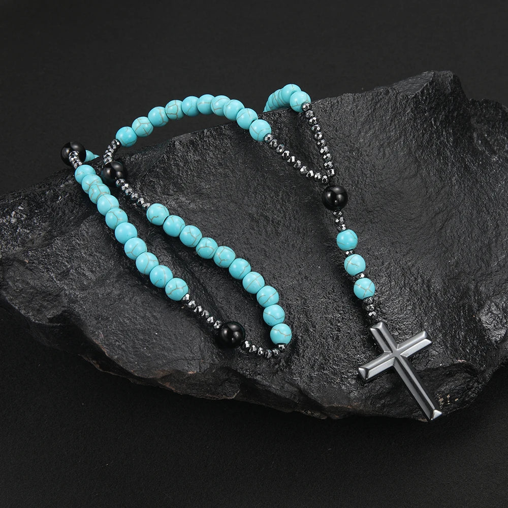 Rosario de Turquesa y Hematita con Cruz de Acero