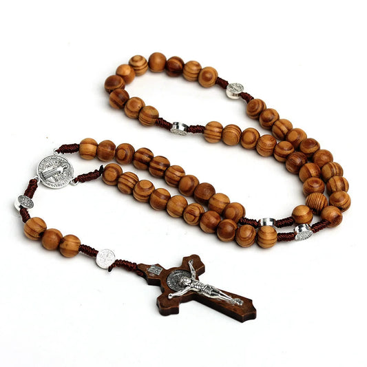 Rosario de cuentas de madera de 10MM, collar cruzado para mujeres y hombres, cadena con colgante cristiano de la Virgen María INRI, joyería religiosa de moda