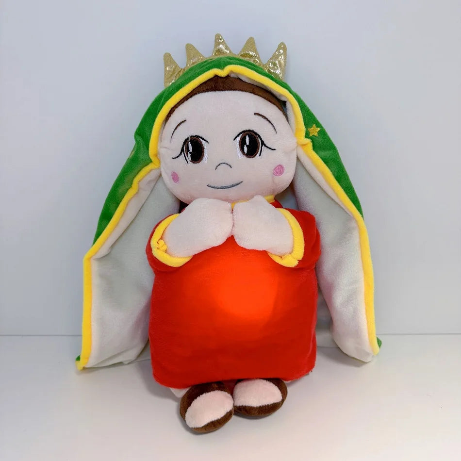 Peluche de la Virgen de Guadalupe encendido: luz cálida que brilla desde el pecho