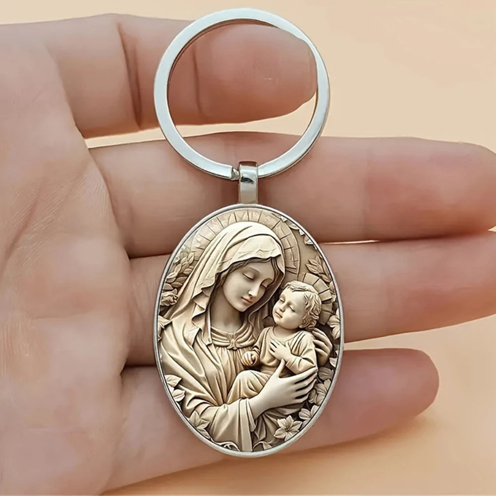 1 llavero de aleación Retro de la Virgen María, diseño único de gema del tiempo religioso, adecuado para llaves de coche y regalos colgantes para mochila