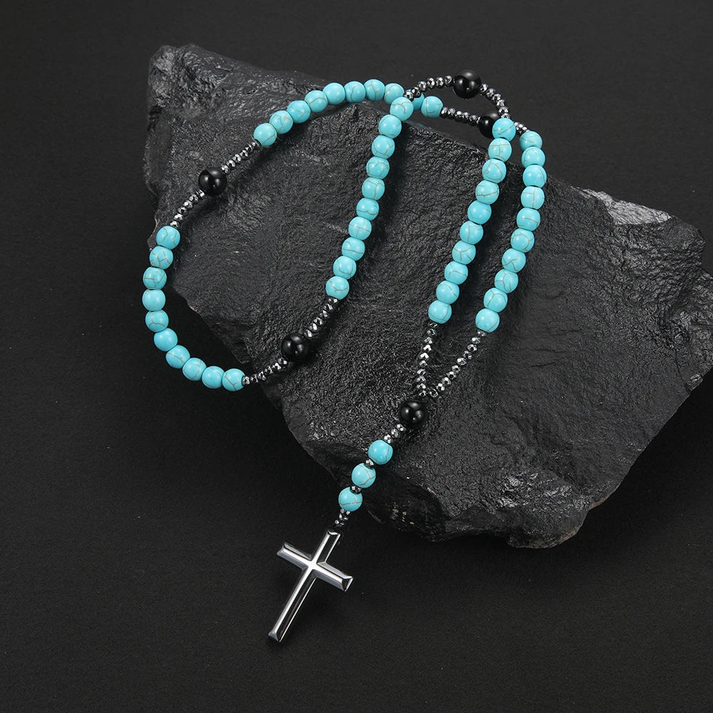 Rosario de Turquesa y Hematita con Cruz de Acero