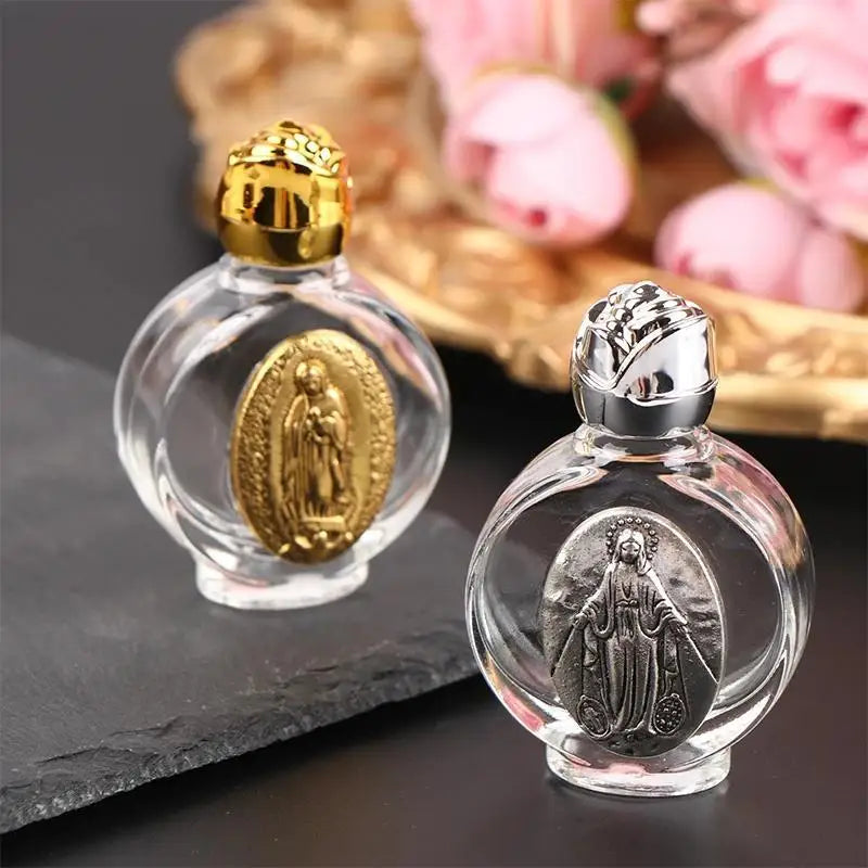 Botella de Agua Bendita en Vidrio con Relieve Cristiano