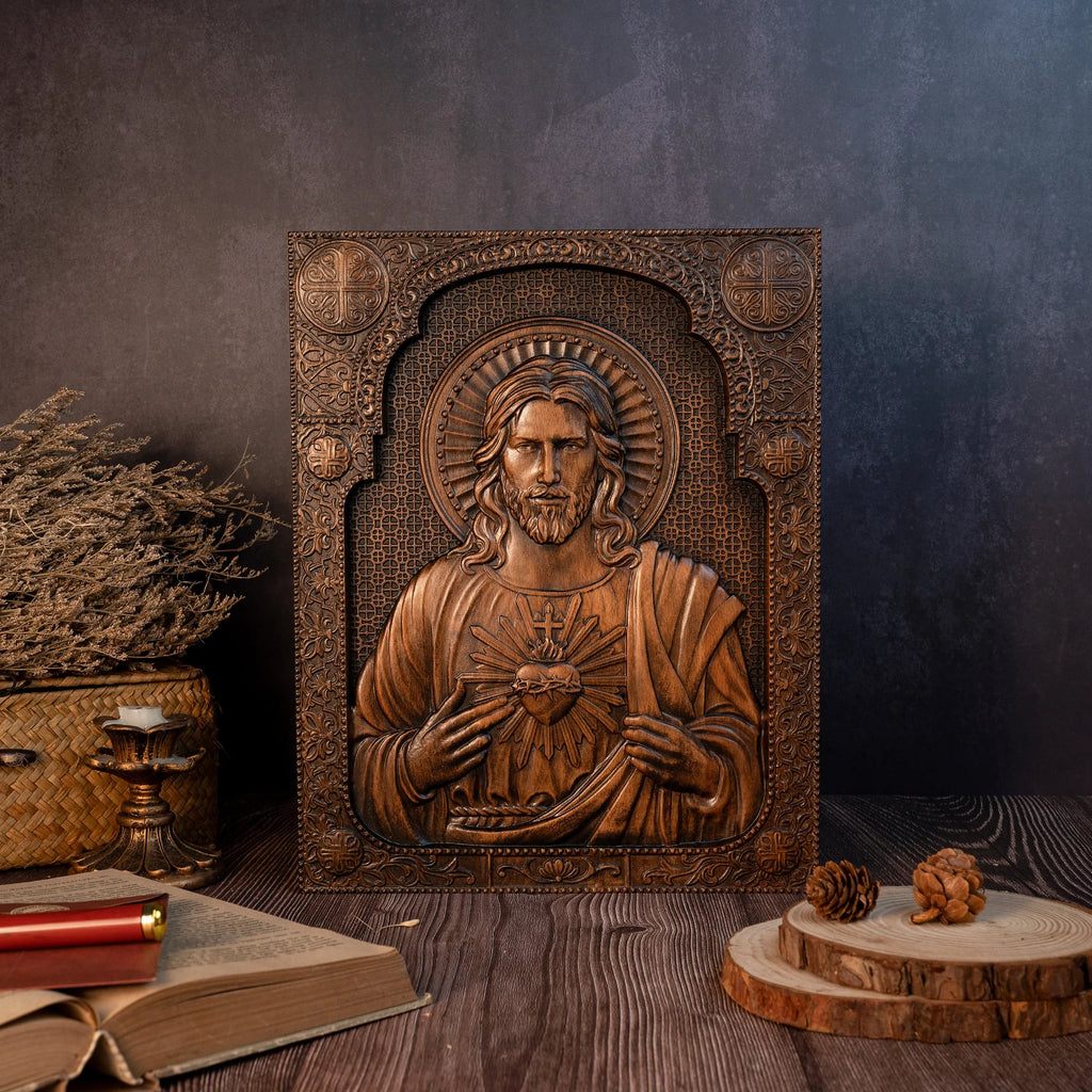 Icono del Sagrado Corazon de Jesus en Madera — detalle de madera de cerca