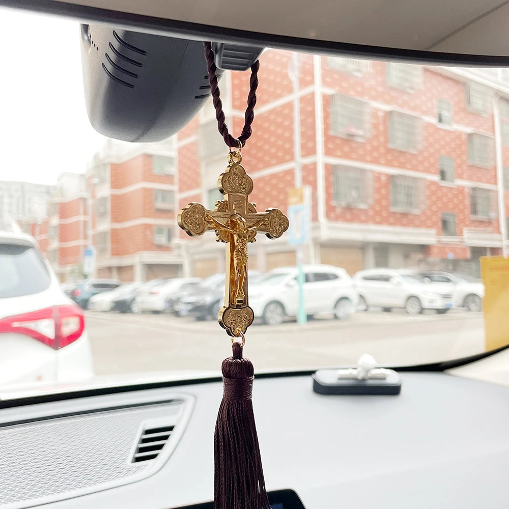 HTISOK Cruz Ortodoxa Colgante de Jesús Estatua de Cristo Crucifijo Colgante de Coche Decoración Religiosa y Regalos Colgante de Cruz de Iglesia Ortodoxa
