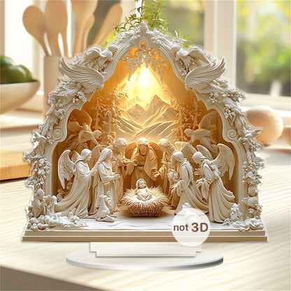 Decoración navideña de escritorio acrílica 2D, escena de nacimiento de Jesús, ángel de la Virgen María, estampado en Color de dibujos animados, regalo festivo para el hogar cristiano