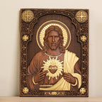 Icono del Sagrado Corazon de Jesus en Madera sobre superficie de madera — presentacion del producto