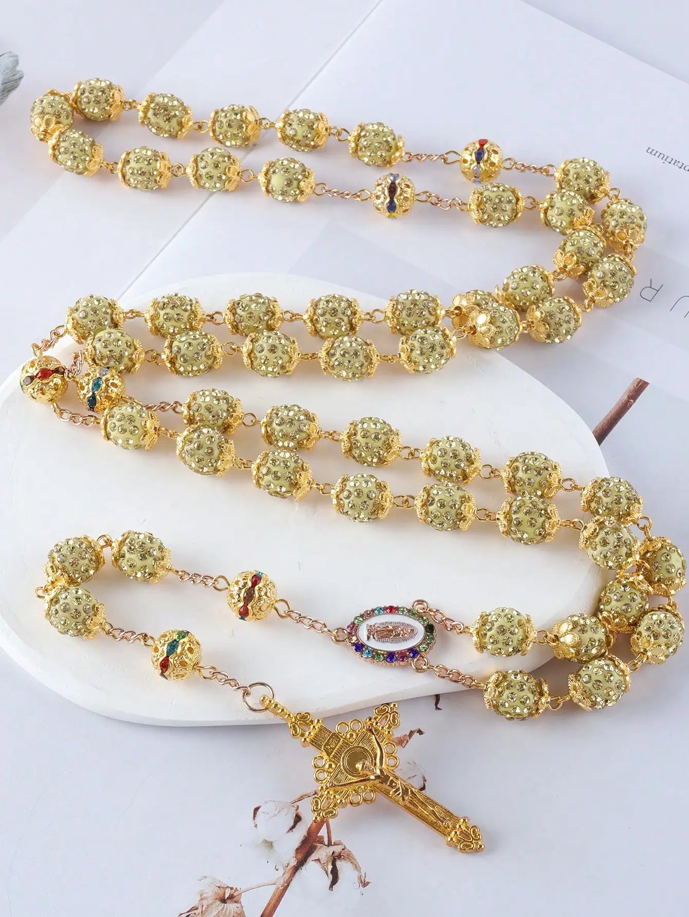 2025New Vintage católico 10mm 59 cuentas de diamantes de imitación de cristal collar cruzado
