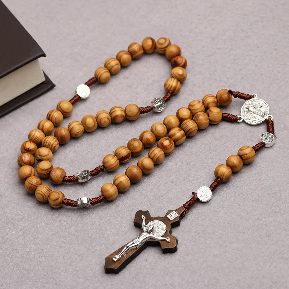 Rosario de cuentas de madera de 10MM, collar cruzado para mujeres y hombres, cadena con colgante cristiano de la Virgen María INRI, joyería religiosa de moda