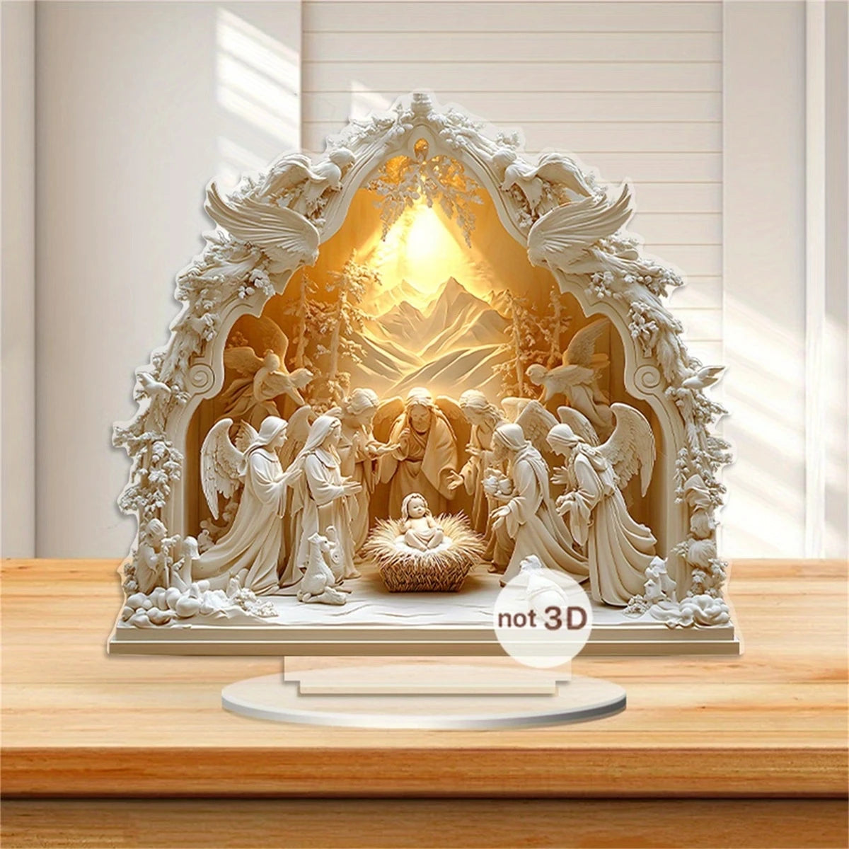Decoración navideña de escritorio acrílica 2D, escena de nacimiento de Jesús, ángel de la Virgen María, estampado en Color de dibujos animados, regalo festivo para el hogar cristiano