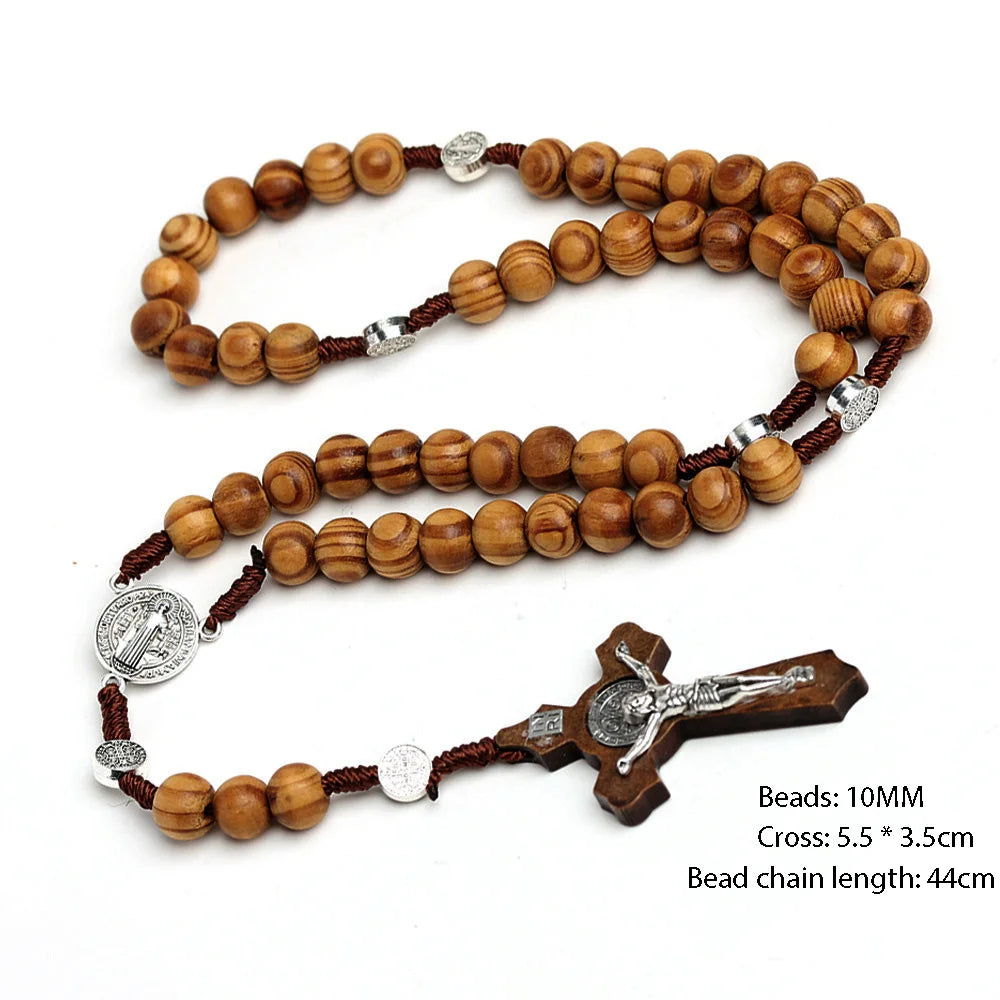 Rosario de cuentas de madera de 10MM, collar cruzado para mujeres y hombres, cadena con colgante cristiano de la Virgen María INRI, joyería religiosa de moda