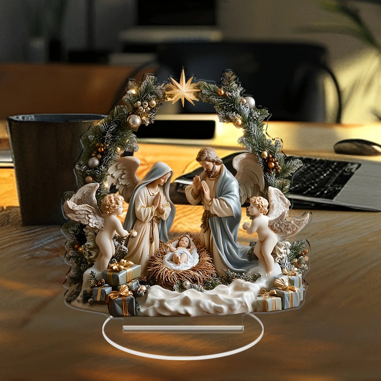 Decoración navideña de escritorio acrílica 2D, escena de nacimiento de Jesús, ángel de la Virgen María, estampado en Color de dibujos animados, regalo festivo para el hogar cristiano