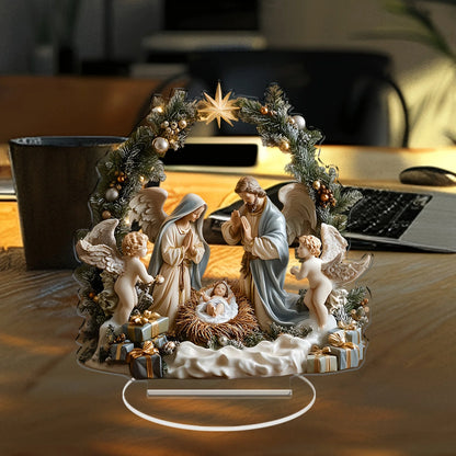 Decoración navideña de escritorio acrílica 2D, escena de nacimiento de Jesús, ángel de la Virgen María, estampado en Color de dibujos animados, regalo festivo para el hogar cristiano
