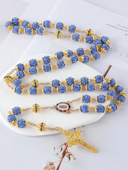 2025New Vintage católico 10mm 59 cuentas de diamantes de imitación de cristal collar cruzado