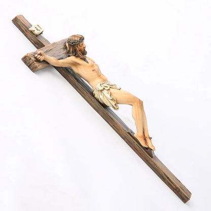 Estatua religiosa de crucifijo de cruz de Jesús, estatuilla de San Católico, artesanía, escultura colgante de pared para decoración del hogar y la sala de estar