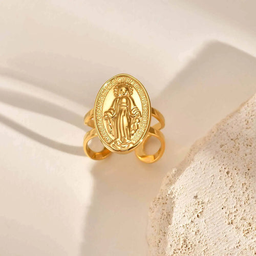 Anillo de la Virgen de la Medalla Milagrosa en acero dorado — vista completa
