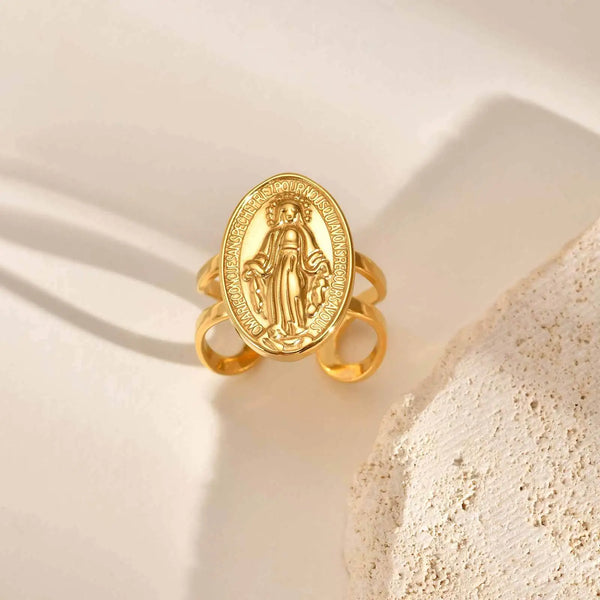 Anillo de la Virgen de la Medalla Milagrosa en acero dorado — vista completa