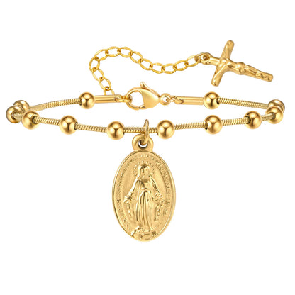 Vnox-pulsera de Rosario para mujer y niña, brazalete de oración de la Virgen María, Cruz religiosa de acero inoxidable chapada en oro, regalos