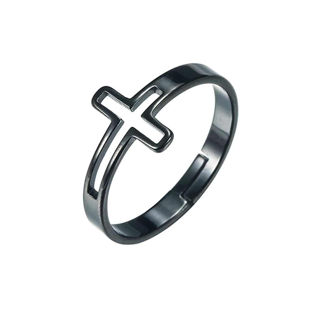 Anillo ajustable con cruz minimalista en negro