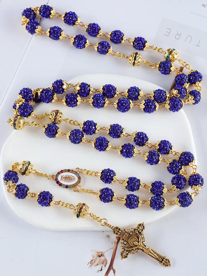 2025New Vintage católico 10mm 59 cuentas de diamantes de imitación de cristal collar cruzado