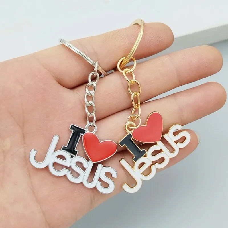Llavero con colgante religioso de aleación I Love Jesus, colgante en forma de corazón, regalo religioso de fe cristiana, regalo de oración para decoración