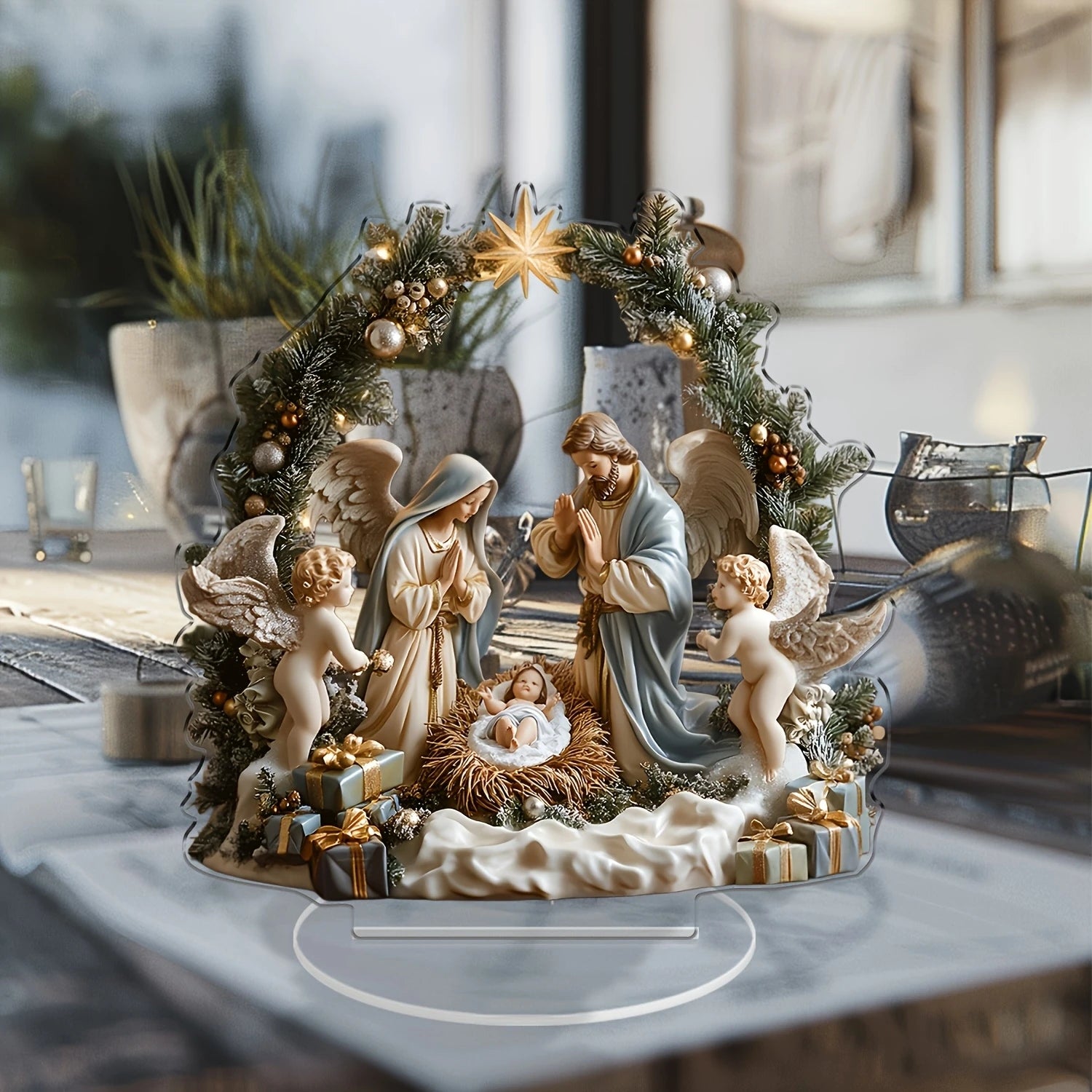 Decoración navideña de escritorio acrílica 2D, escena de nacimiento de Jesús, ángel de la Virgen María, estampado en Color de dibujos animados, regalo festivo para el hogar cristiano