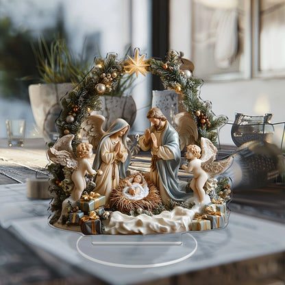 Decoración navideña de escritorio acrílica 2D, escena de nacimiento de Jesús, ángel de la Virgen María, estampado en Color de dibujos animados, regalo festivo para el hogar cristiano
