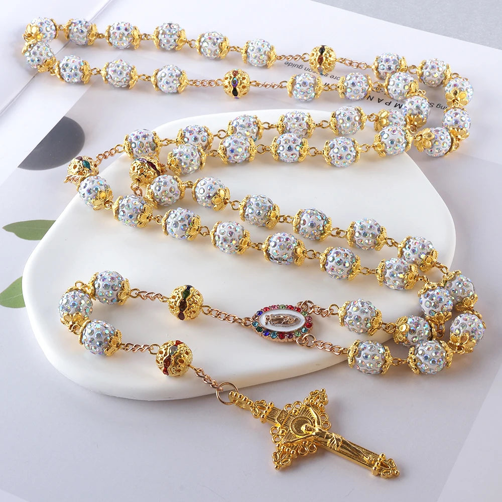 2025New Vintage católico 10mm 59 cuentas de diamantes de imitación de cristal collar cruzado