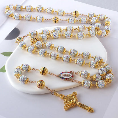 2025New Vintage católico 10mm 59 cuentas de diamantes de imitación de cristal collar cruzado