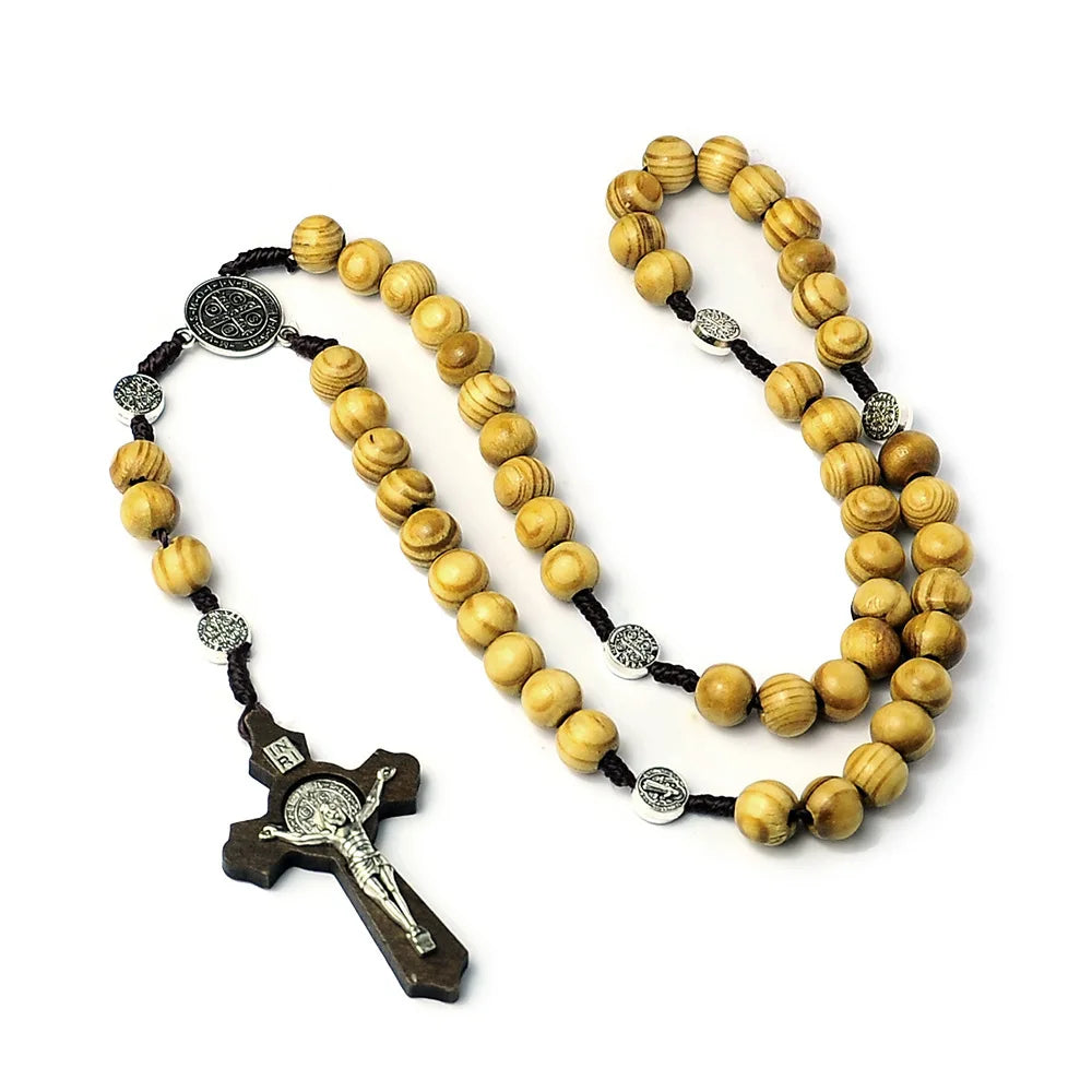 Rosario de cuentas de madera de 10MM, collar cruzado para mujeres y hombres, cadena con colgante cristiano de la Virgen María INRI, joyería religiosa de moda