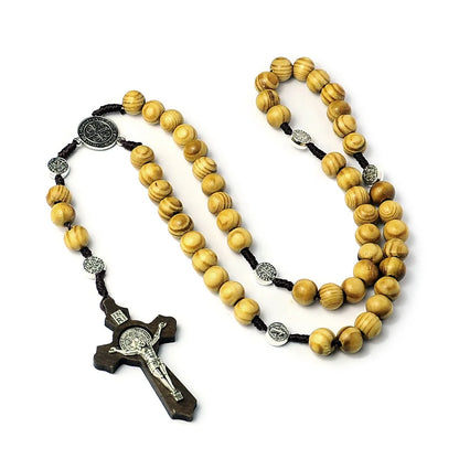 Rosario de cuentas de madera de 10MM, collar cruzado para mujeres y hombres, cadena con colgante cristiano de la Virgen María INRI, joyería religiosa de moda