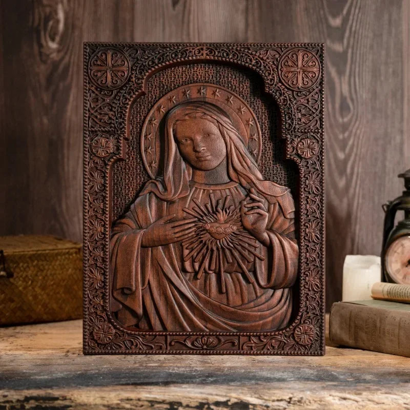 Icono del Inmaculado Corazon de Maria en Madera - Arte Sacra e... en mano — icono sacro de madera devocional