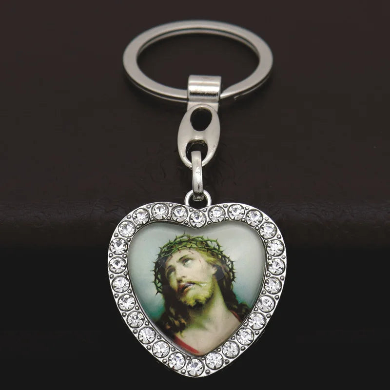 Llavero de corazón Jesús nuestra señora Saint para mujeres y hombres, soporte de llave de coche de diamantes de imitación, joyería católica, regalo de oración Cristiano