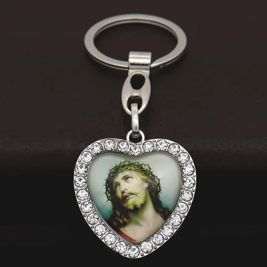 Llavero de corazón Jesús nuestra señora Saint para mujeres y hombres, soporte de llave de coche de diamantes de imitación, joyería católica, regalo de oración Cristiano