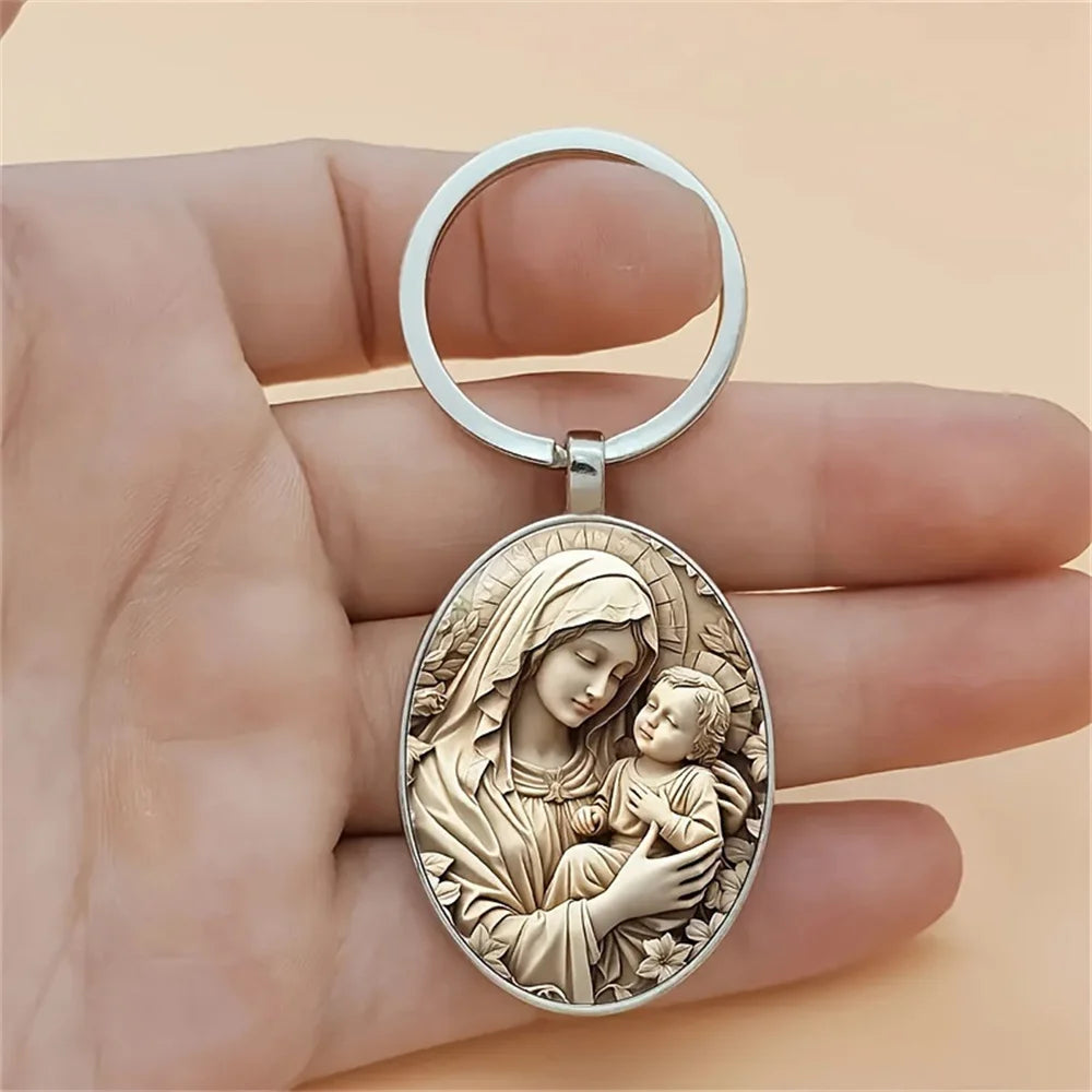 1 llavero de aleación Retro de la Virgen María, diseño único de gema del tiempo religioso, adecuado para llaves de coche y regalos colgantes para mochila