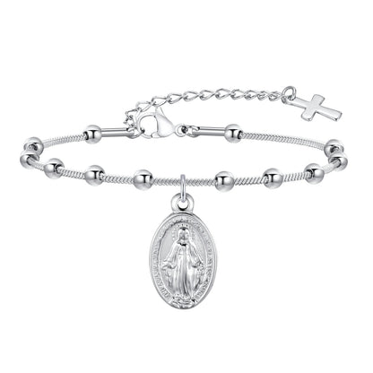 Vnox-pulsera de Rosario para mujer y niña, brazalete de oración de la Virgen María, Cruz religiosa de acero inoxidable chapada en oro, regalos