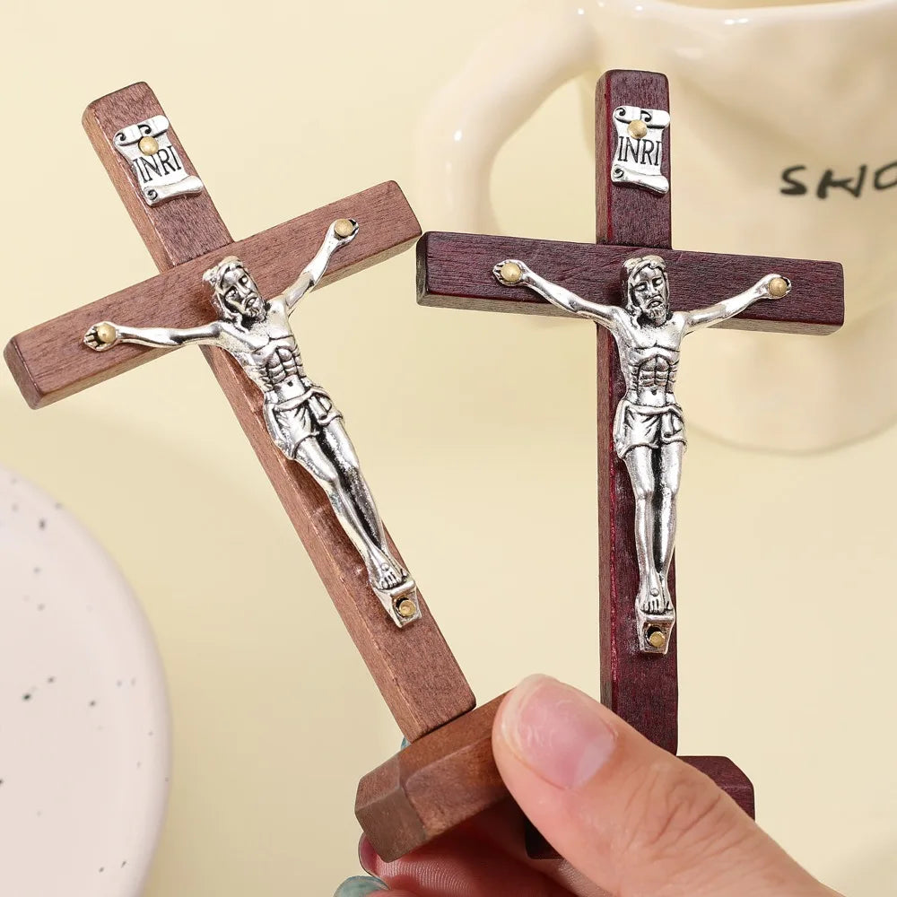 Estatuilla de cruz de Jesús de madera Vintage con soporte para decoración del hogar cristiano crucifijo católico regalo religioso adorno de altar de la Iglesia