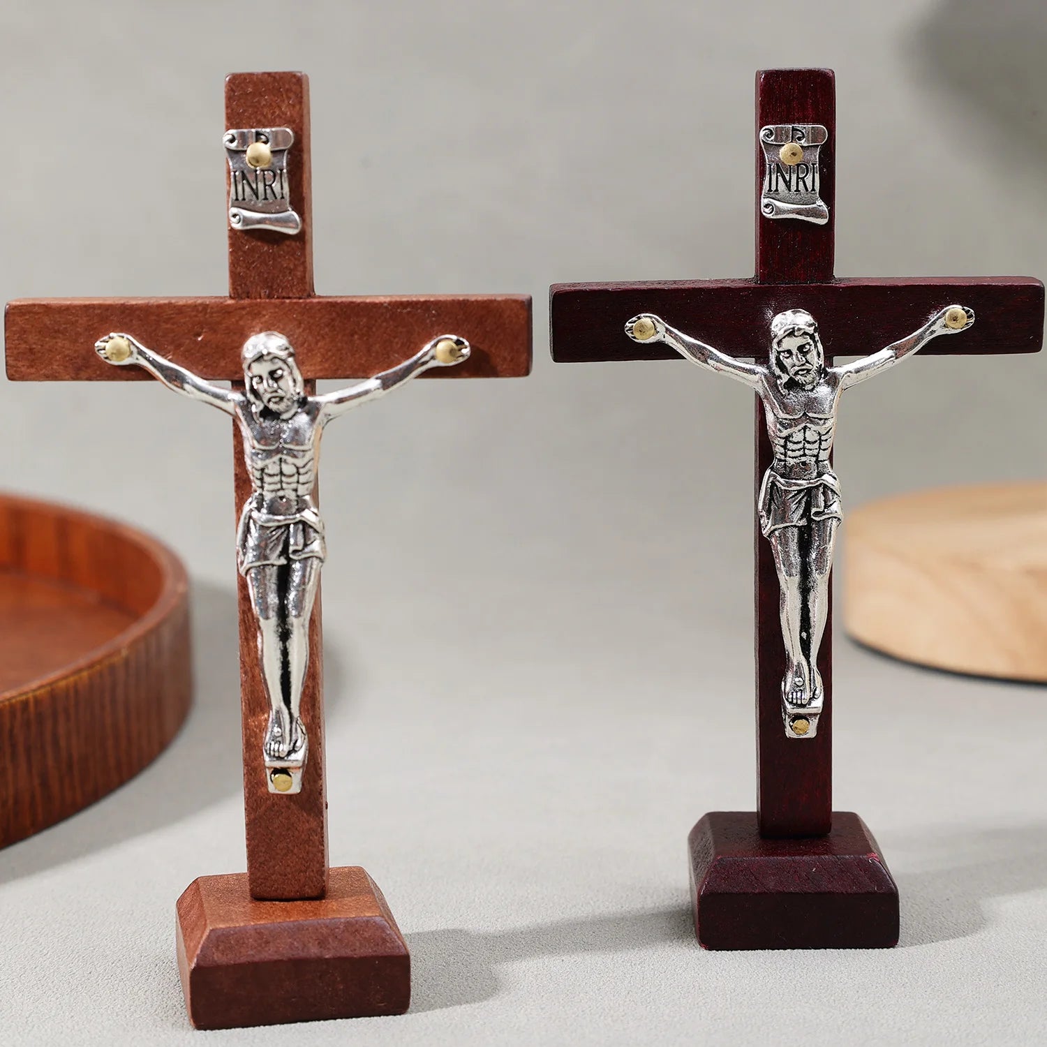 Estatuilla de cruz de Jesús de madera Vintage con soporte para decoración del hogar cristiano crucifijo católico regalo religioso adorno de altar de la Iglesia