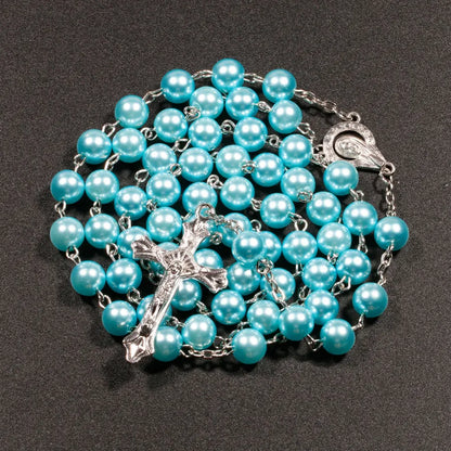 Nueva religión cristiana, collar de Rosario de perlas de imitación para mujer, colgante de cruz de la Virgen María Jesús, cadenas de cuentas largas, joyería de moda