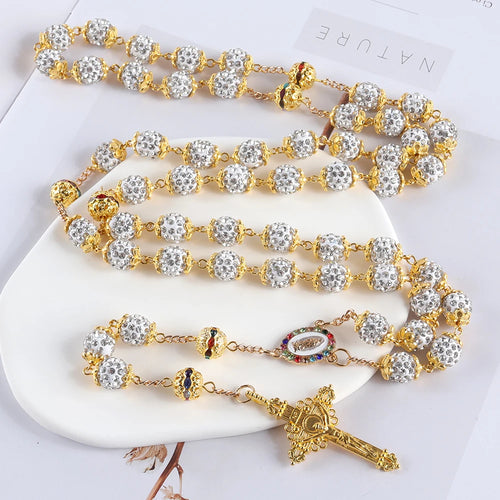 2025New Vintage católico 10mm 59 cuentas de diamantes de imitación de cristal collar cruzado