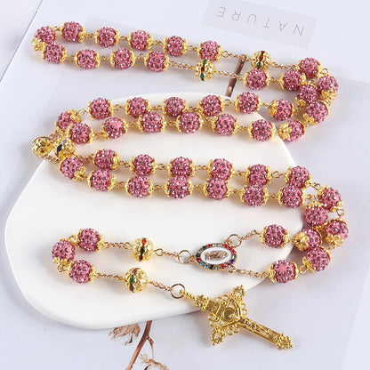 2025New Vintage católico 10mm 59 cuentas de diamantes de imitación de cristal collar cruzado