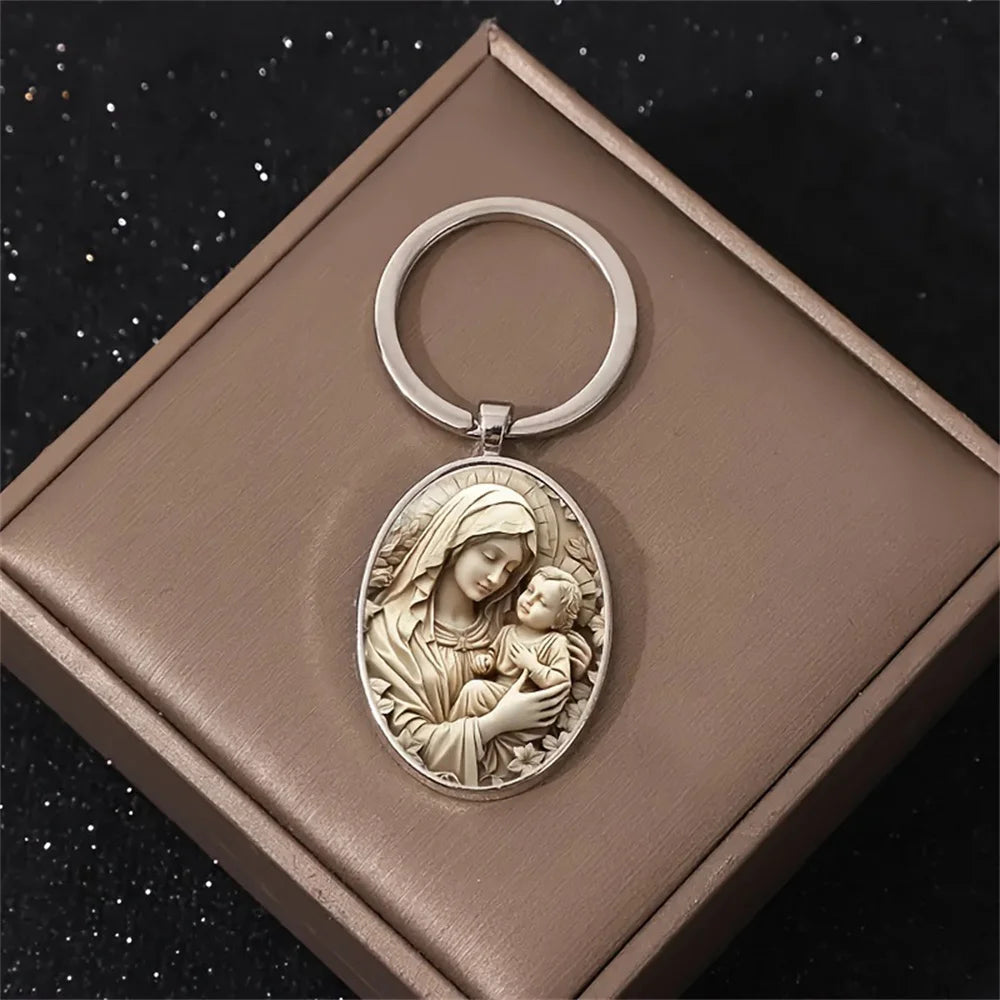1 llavero de aleación Retro de la Virgen María, diseño único de gema del tiempo religioso, adecuado para llaves de coche y regalos colgantes para mochila