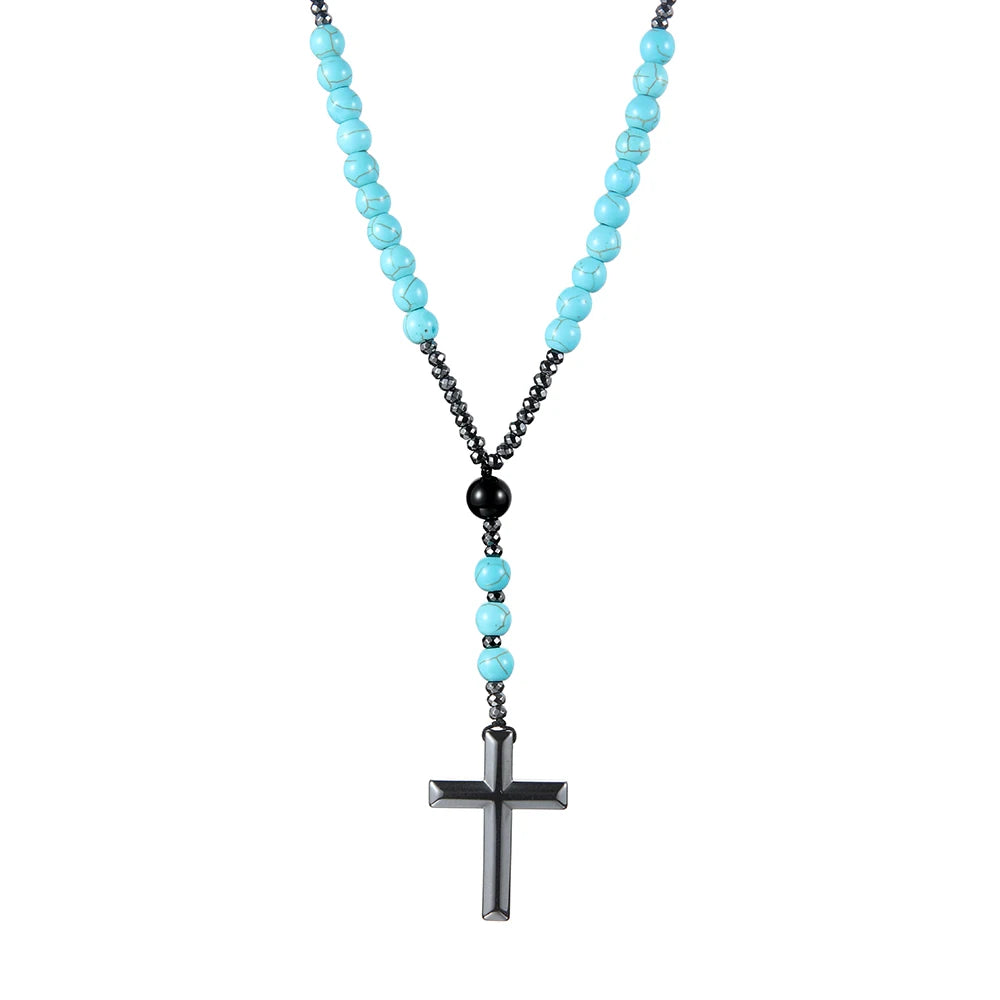 Rosario de Turquesa y Hematita con Cruz de Acero
