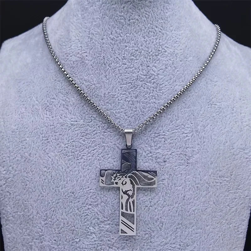 Amuleto cristiano Vintage de acero inoxidable, corona de espinas, collar con cruz de Jesús, collares con colgante de crucifijo para hombres, joyería católica