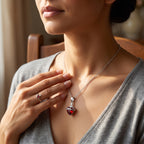 Mujer llevando el collar del Sagrado Corazón de Jesús en plateado